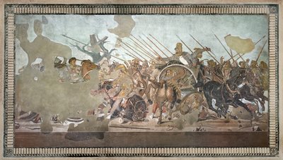 O mosaico de Alexandre, representando a batalha de Issus entre Alexandre, o Grande (356-323 aC) e Dario III (d.330 aC), em 333 aC, mosaico romano removido da Casa del Fauno (Casa do Fauno) de Roman